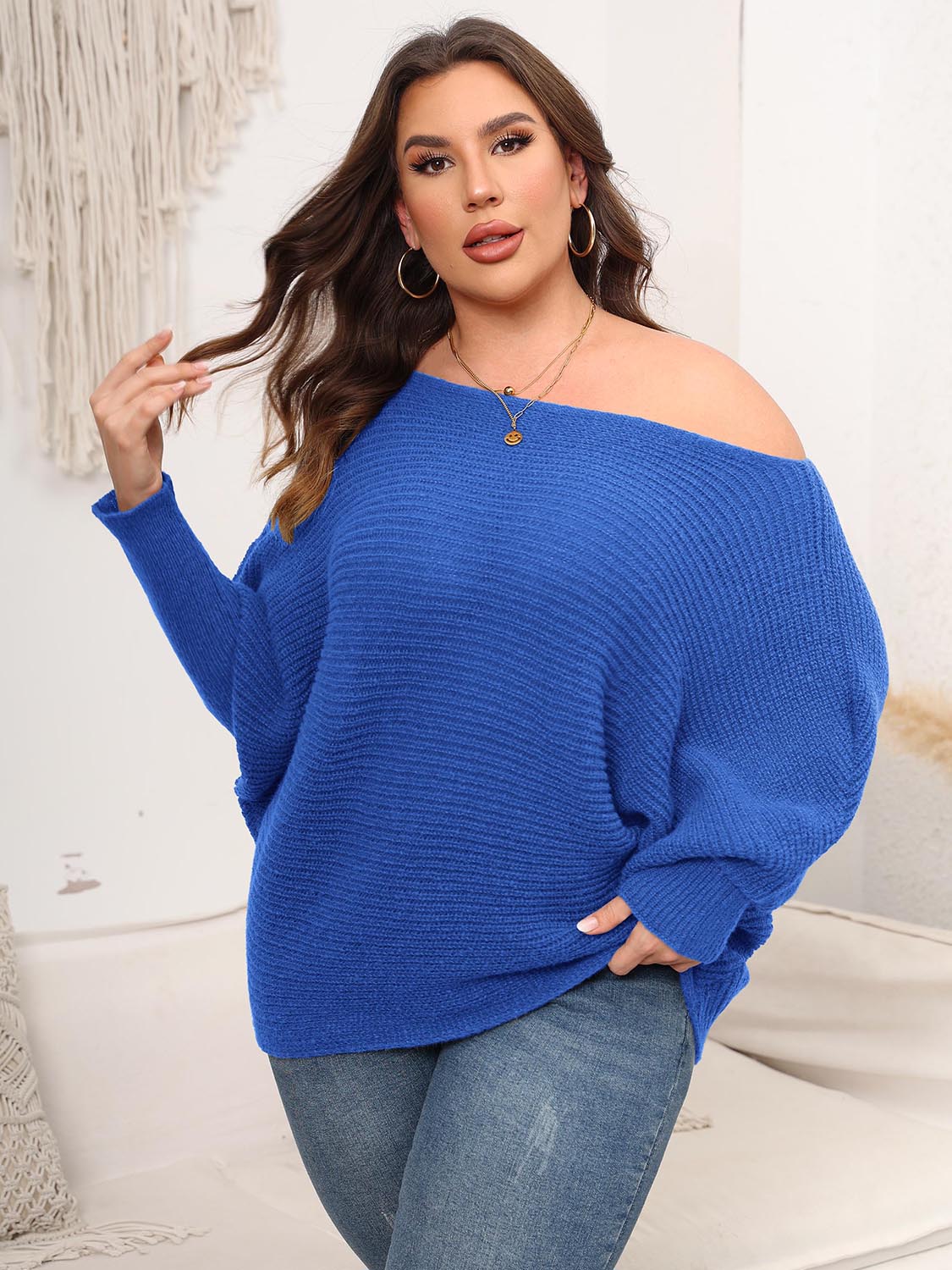 Full Size Boat Neck Batwing Sleeve Sweater-up to 3XL