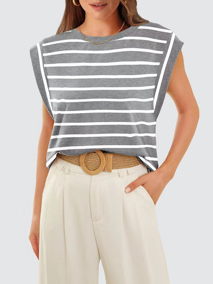 Striped Round Neck Cap Sleeve Sweater Top