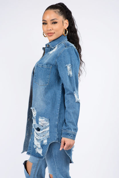 AMERICAN BAZI Distressed Button Down Denim Shirt Jacket