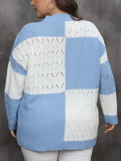 Plus Size Light Blue Openwork Color Block Long Sleeve Sweater