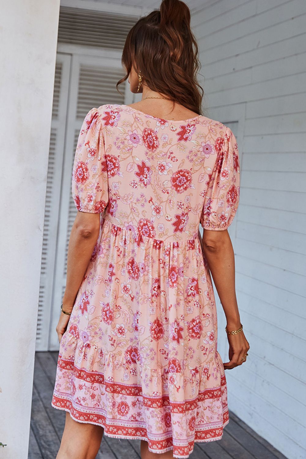 Casual Boho Floral Tie Neck Short Sleeve Mini Dress