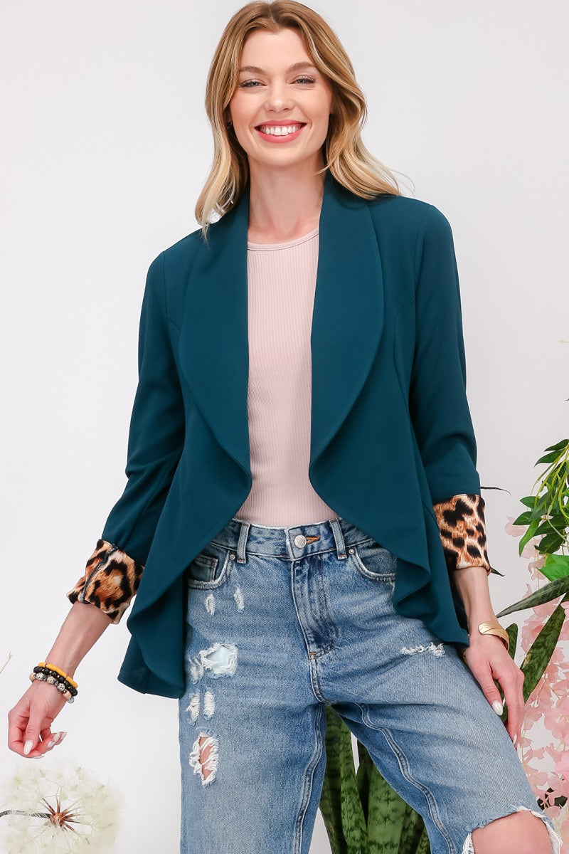 CELESTE Full Size Rolled Leopard Cuff Open Front Blazer In Hunter Green