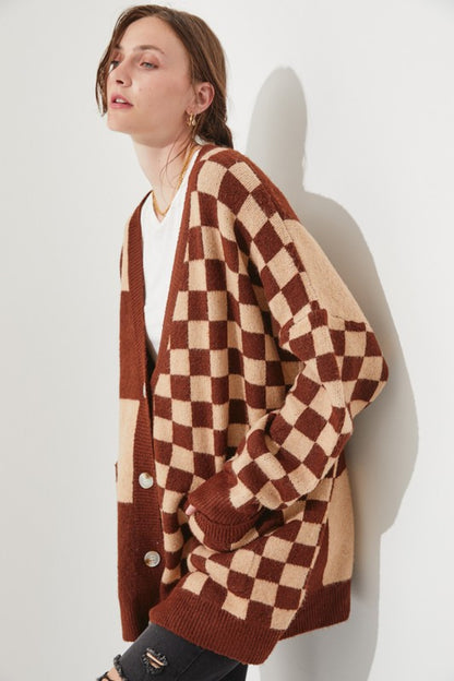 JADE by JANE Mocha/Beige Checkered Oversized Sweater