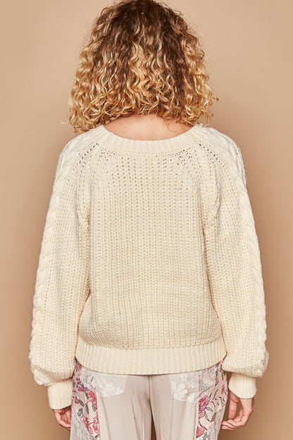 POL Cream Cable Knit Cutout Long Sleeve Sweater