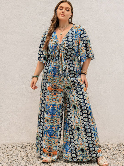 H.R.Z. Plus Size Printed Half Sleeve Wide Leg Jumpsuit