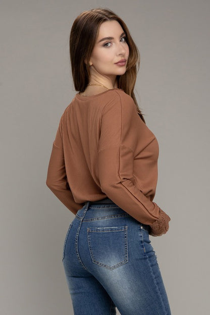 Lace Trim V Neck Long Sleeve Top