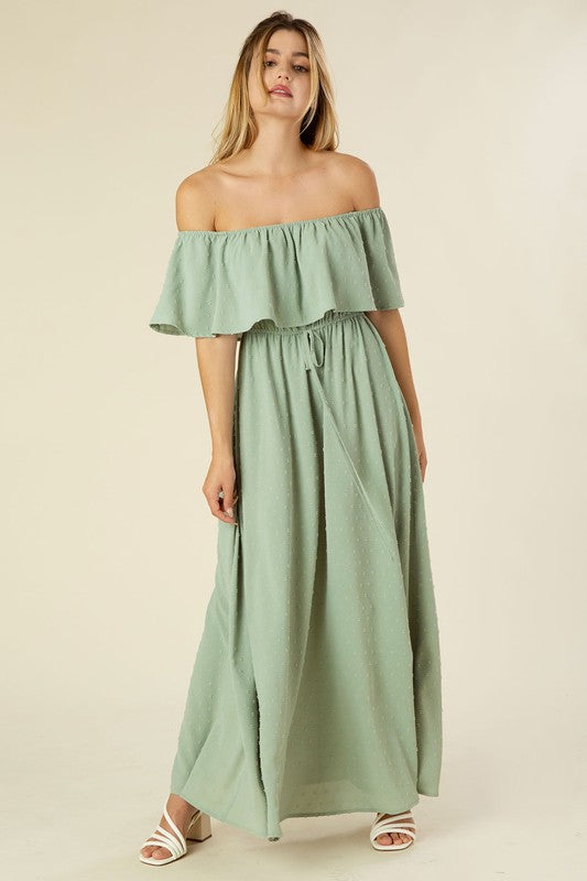 LILOU Sage Swiss dot Off-shoulder Dress