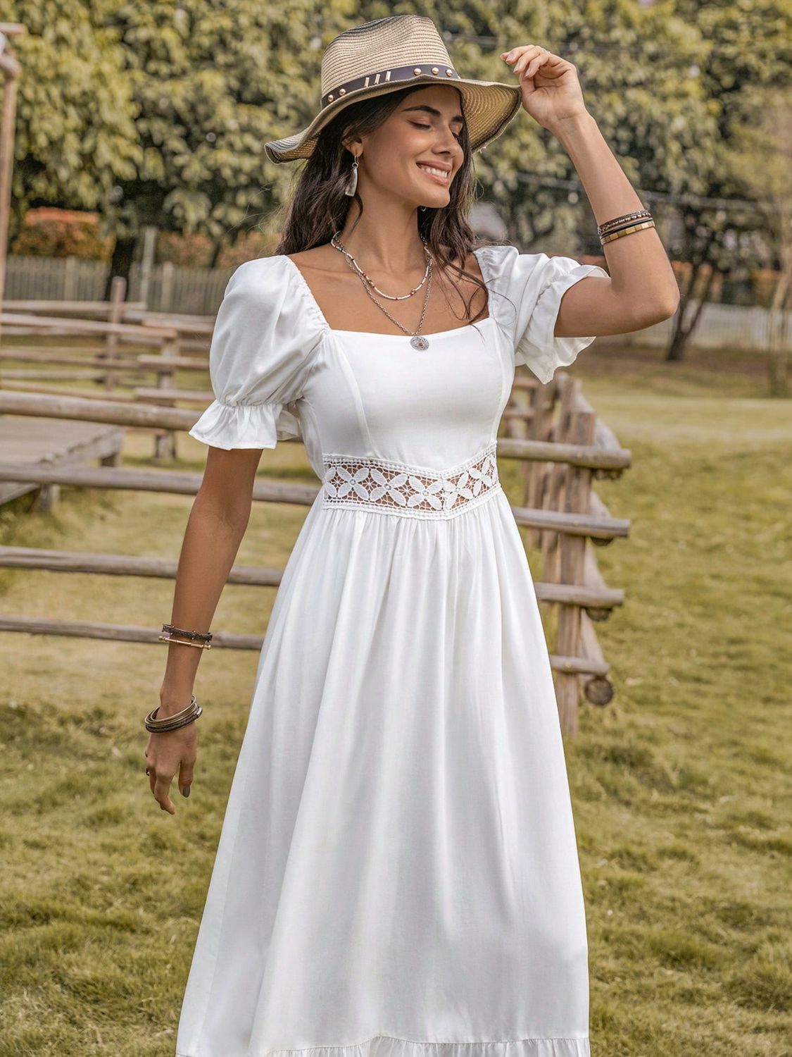 White Square Neck Flounce Sleeve Midi Dress