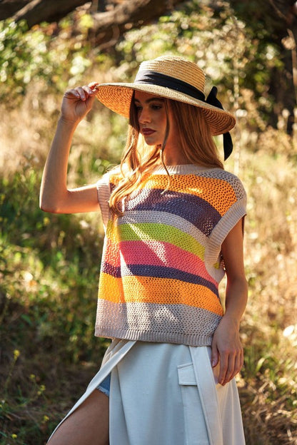 DAVI & DANI Crochet Multi Striped Pullover Knit Sweater Vest