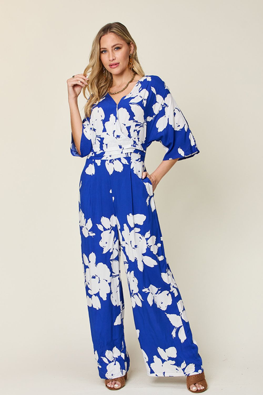 DOUBLE TAKE Full Size Printed Tie Back Wide Leg Jumpsuit