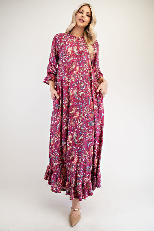 Celeste Cerise Women's Full Size Modest Maxi Paisley Floral Dress with Ruffle Hem & Round Neck