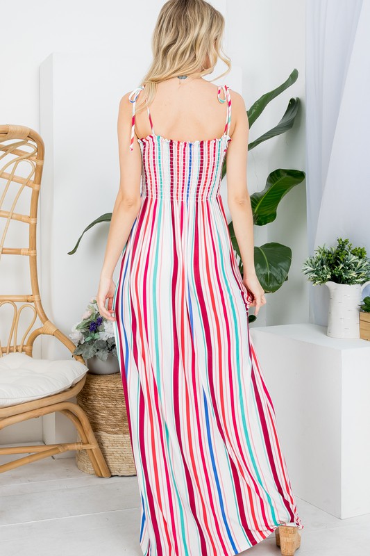 E LUNA Stripe Smocked Maxi Tank Dress