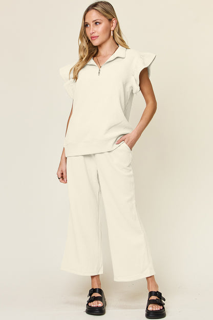 DOUBLE TAKE Texture Ruffle Short Sleeve Top and Drawstring Wide Leg Pants Set