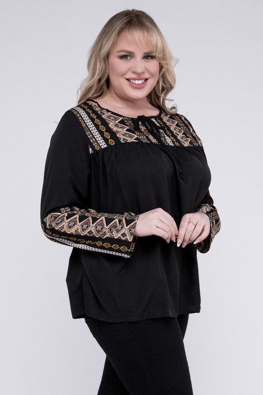 NUVI APPAREL Black Plus-size Tie Neck Patchwork Blouse