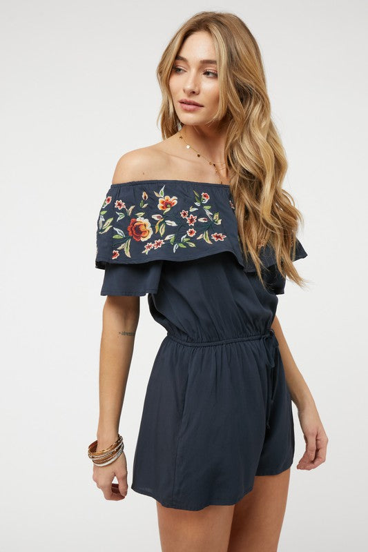 DAVI & DANI Floral Embroidered Off Shoulder Romper