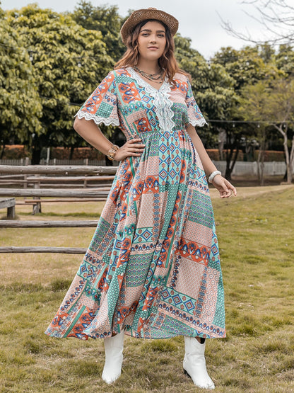 H.R.Z. Plus-size Printed Half Sleeves Western-style Maxi Dress with Laced Details