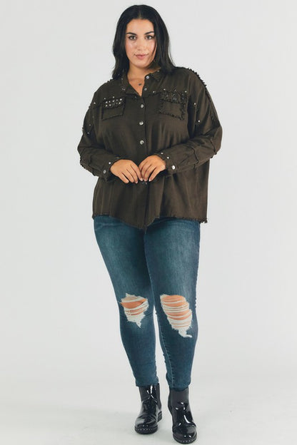 DAVI & DANI PLUS Distressed hem button down oversize shirt