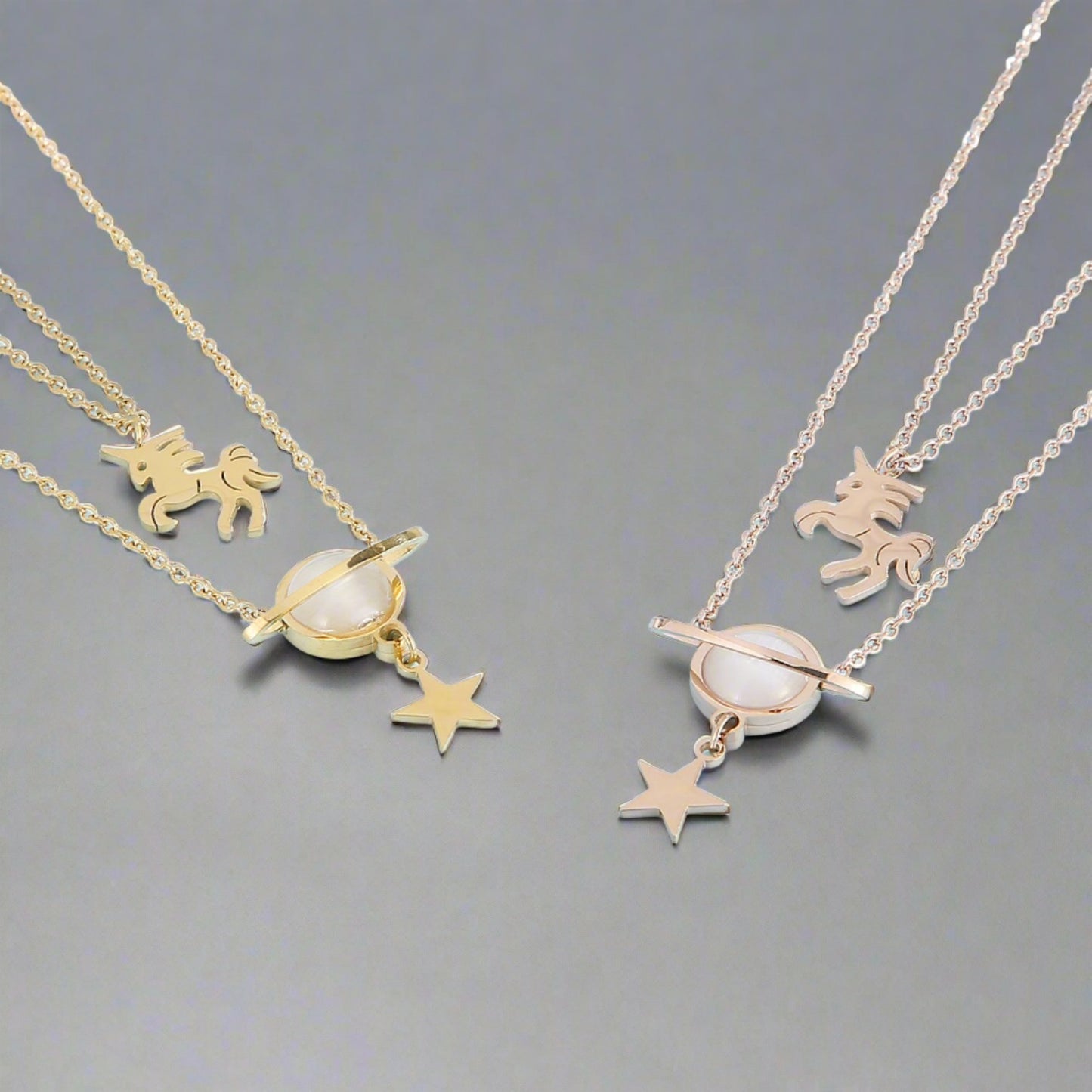 Unicorn and Star Shape Double-Layered Pendant Necklace