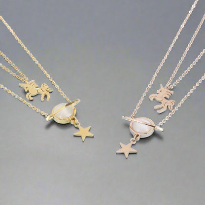 Unicorn and Star Shape Double-Layered Pendant Necklace