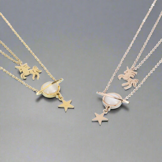 Unicorn and Star Shape Double-Layered Pendant Necklace