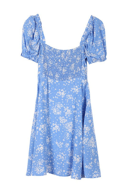 LILOU Light Blue Floral Puff Sleeve Dress