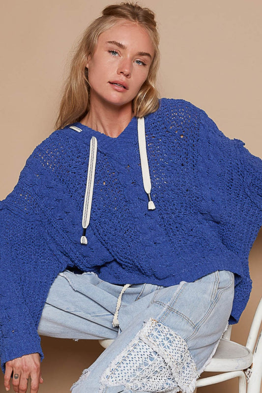 POL Blue Cable Knit Hooded Chenille Sweater