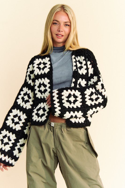 DAVI & DANI Full Size Two Tone Flower Square Crochet Open Front Cardigan