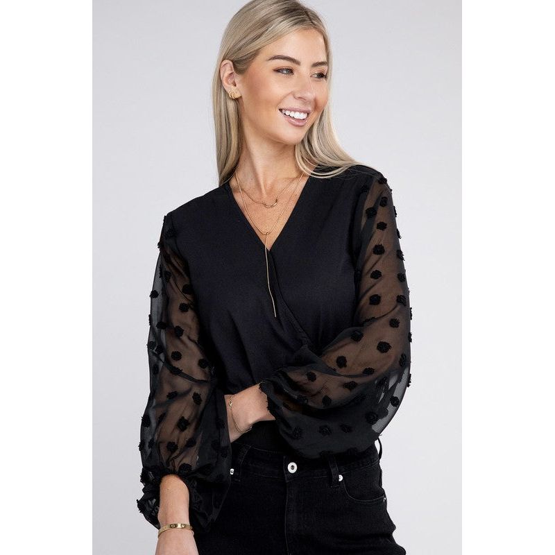 NUVI APPAREL V Neck Wrap Sheer Sleeves Bodysuit