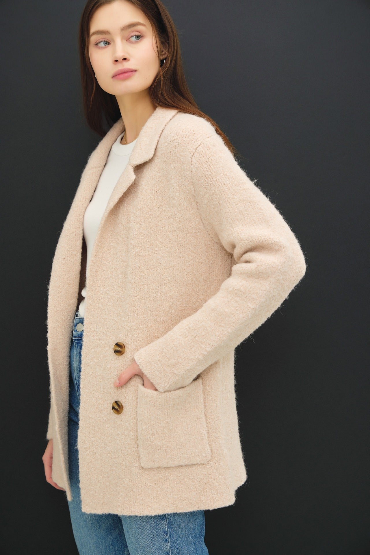 BE COOL Textured Double-Breasted Coat with Pockets in Blush Beige