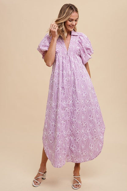 Annie Wear Women's Light Purple Floral Smock Detail Puff Sleeve Dress