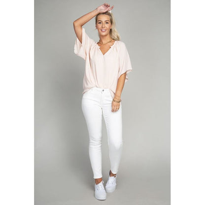 NUVI APPAREL Solid Notched Neck Casual Top