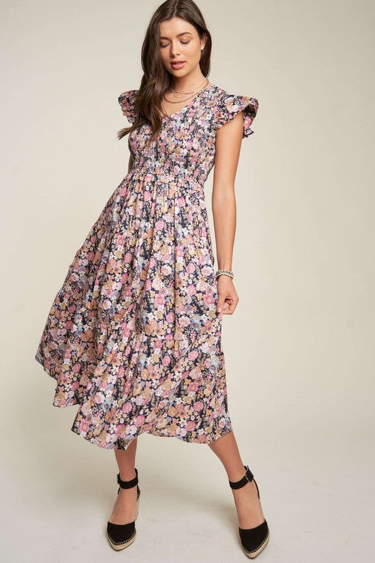 DAVI & DANI Vintage Garden Floral Flutter Smocking Midi Dress