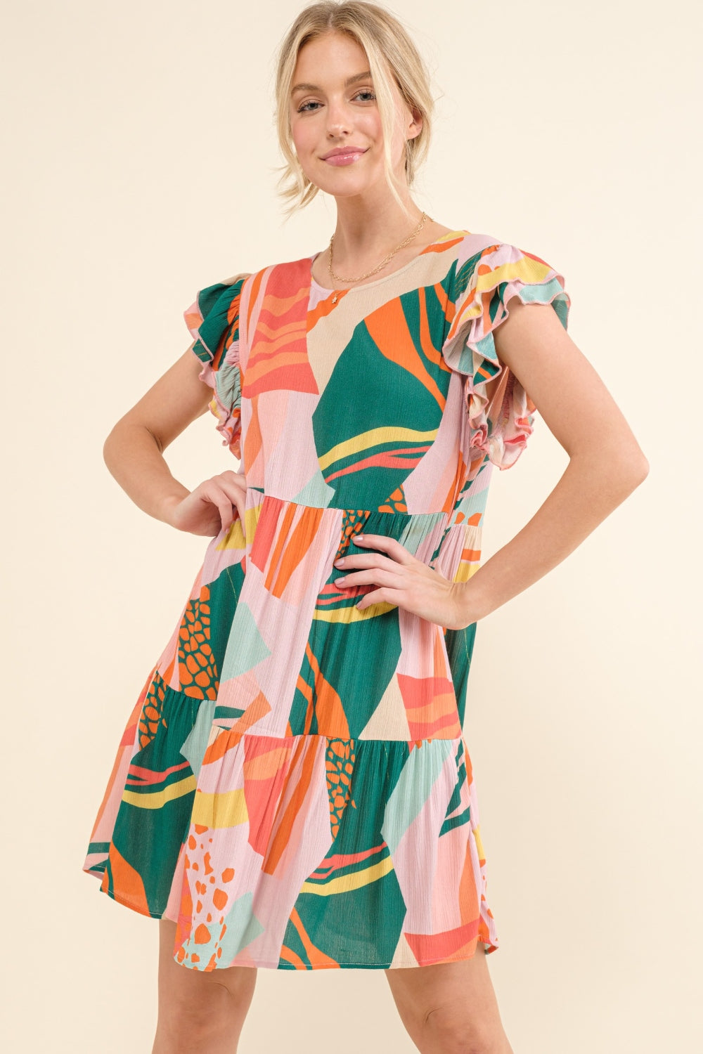 AND THE WHY Printed Double Ruffle Sleeve Dress