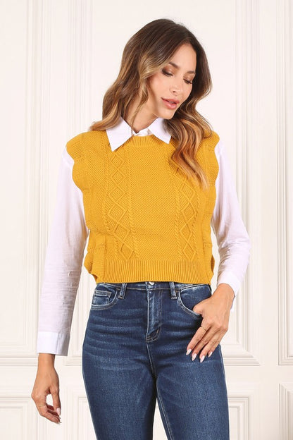 LILOU Mustard Ruffle Knit Sweater Vest