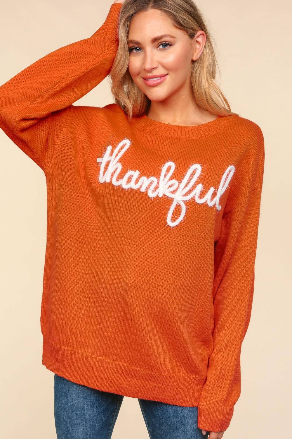 HAPTICS Full Size Orange-red "Thankful" Graphic Sweater written in Metallic Glitter Embroidery Sweater