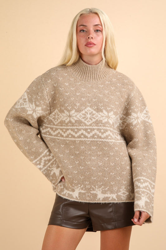 VERY J Mocha Christmas Element Mock Neck Long Sleeve Sweater