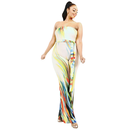 Plus-size Strapless Color Brushed Jumpsuit with Waist Tie