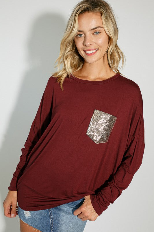 E LUNA Dolman Long Sleeves Top with Sequined Pocket