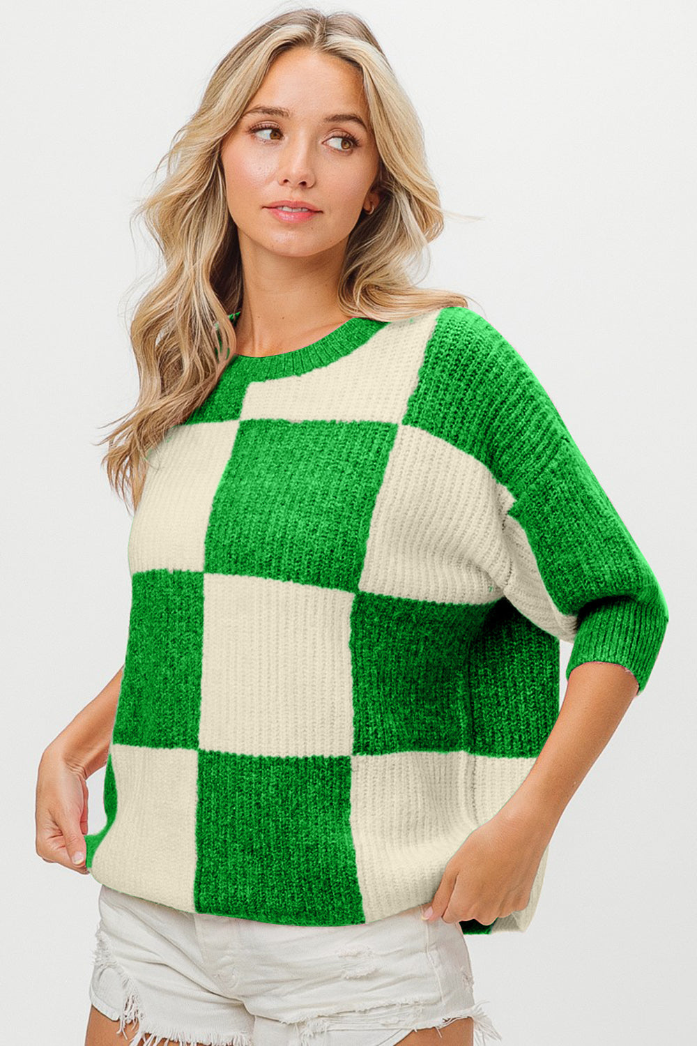 BiBi Jade Checkered Contrast Round Neck Sweater