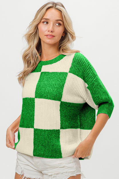 BiBi Jade Checkered Contrast Round Neck Sweater