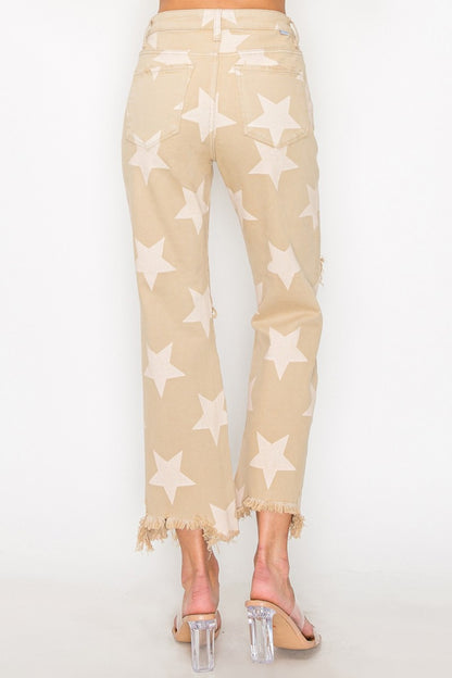 RISEN Full Size High Rise Star Printed Frayed Hem Jeans in Khaki