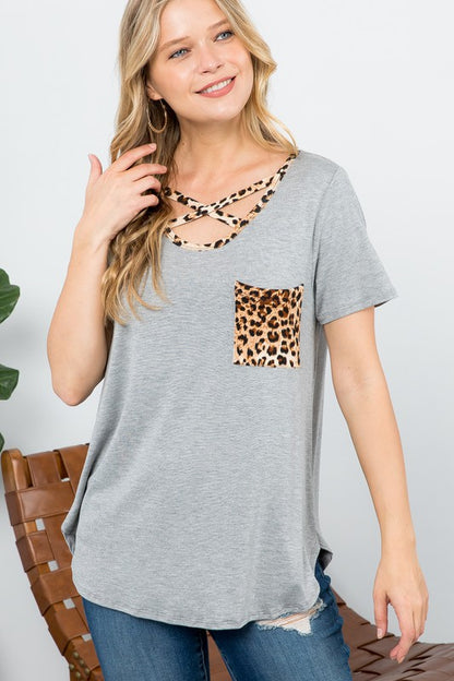 E LUNA Solid Color & Animal Print Decor Basic Top