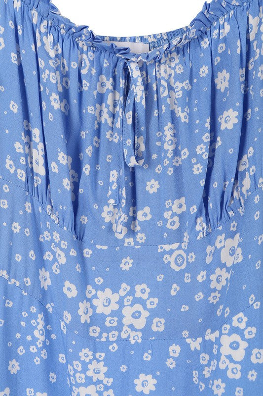 LILOU Light Blue Floral Puff Sleeve Dress