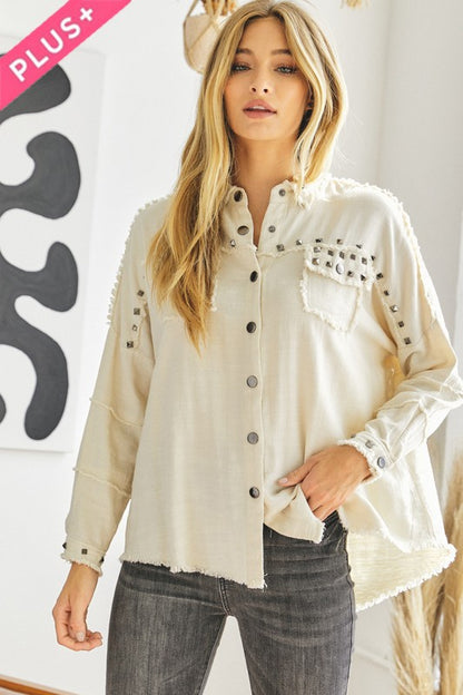 DAVI & DANI PLUS Distressed hem button down oversize shirt