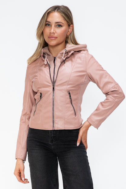 SNOBBISH Mauve Women's Faux Leather Zip Up Drawstring Hooded Jacket