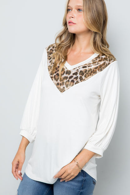 CELESTE Full Size Leopard Contrast Top with Balloon Sleeves