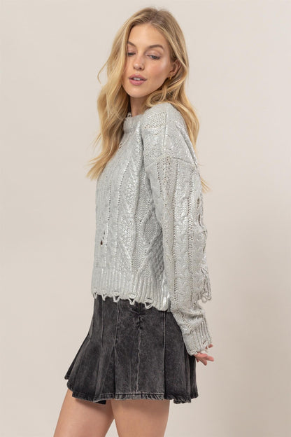 HYFVE Distressed Cable-Knit Round Neck Long Sleeve Sweater in Silver