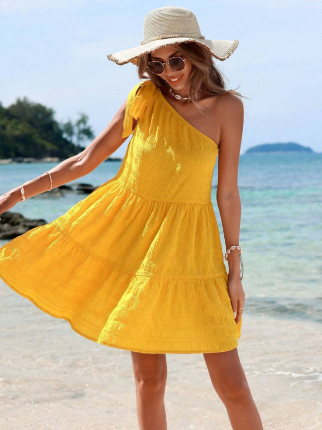 Yellow Tied Single Shoulder Mini Dress