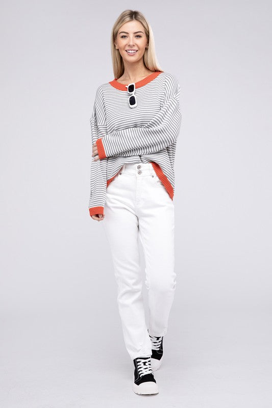 NUVI APPAREL Autumn Contrast Trimmed Striped Pullover Sweater