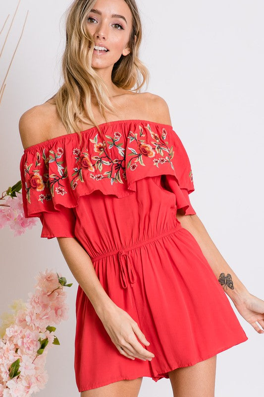 DAVI & DANI Floral Embroidered Off Shoulder Romper